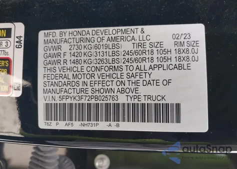2023 Honda Ridgeline Rtl-E from USA, damaged, VIN 5FPYK3F72PB025763